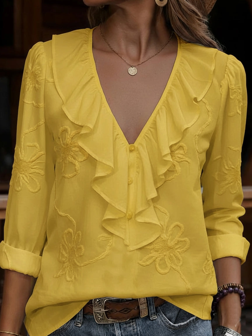 CELESTINE | VINTAGE FLORAL FRILL V-NECK SHIRT