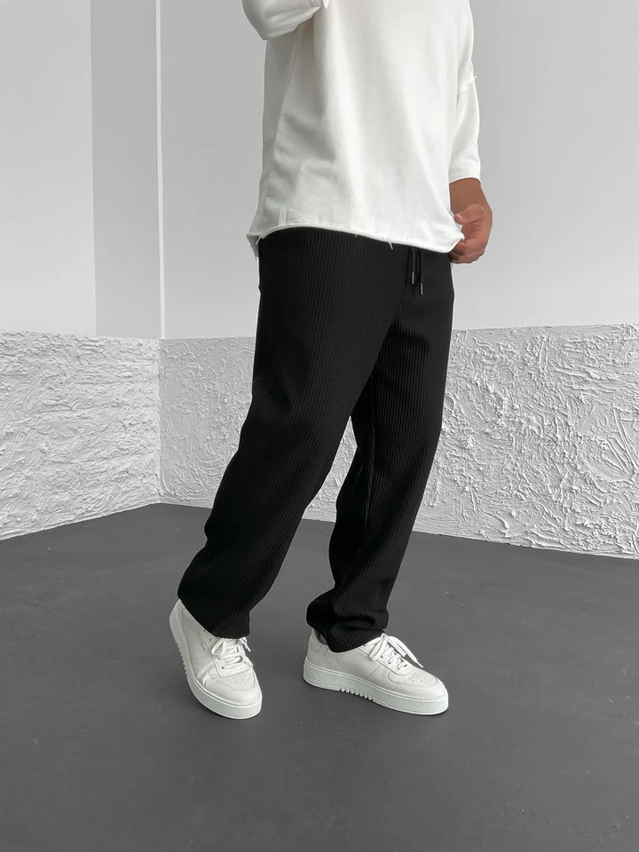 Ribbed Pants - Men's Loose Fit Drawstirng Stretch Baggy Pants