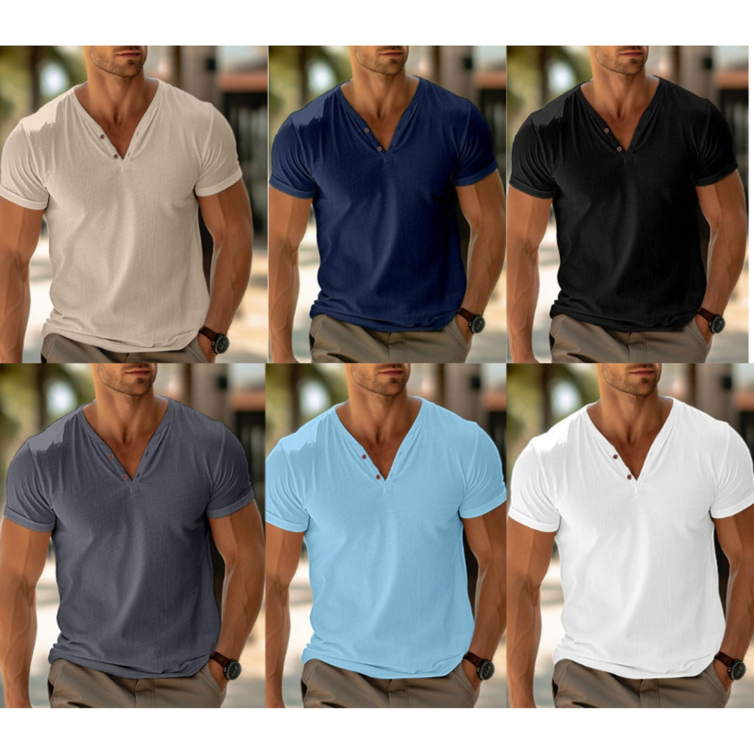 Men's T-Shirt - Plain Button V-Neck Henley T-Shirt for Summer