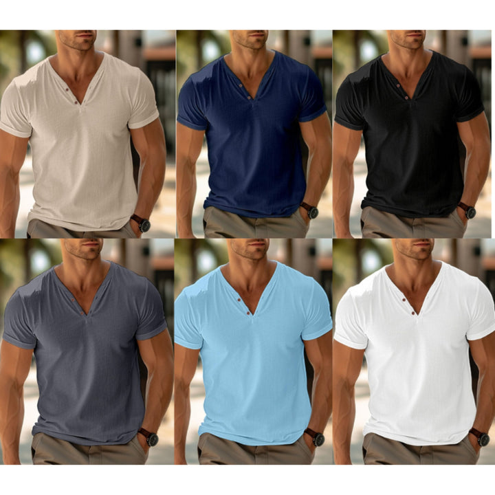 Men's T-Shirt - Plain Button V-Neck Henley T-Shirt for Summer