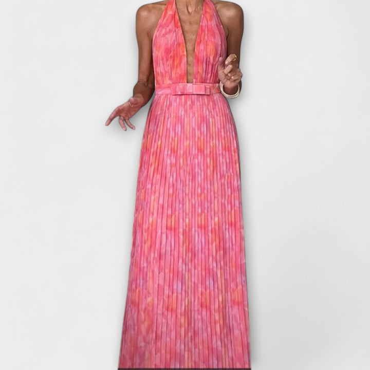 Seraphina – Elegant Halter Dress with V-Neck and Pleats