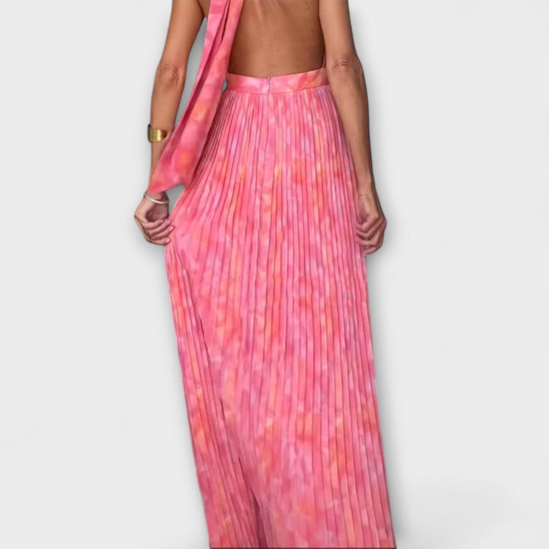 Seraphina – Elegant Halter Dress with V-Neck and Pleats
