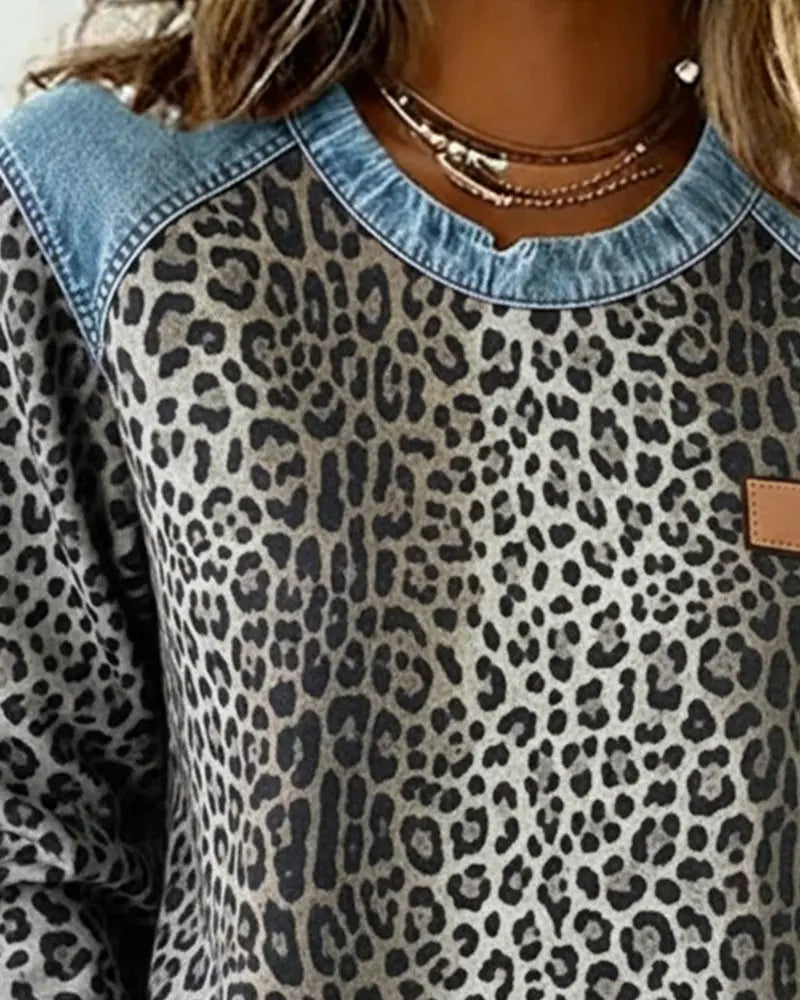 Women's Denim Patchwork Leopard Print Jumper