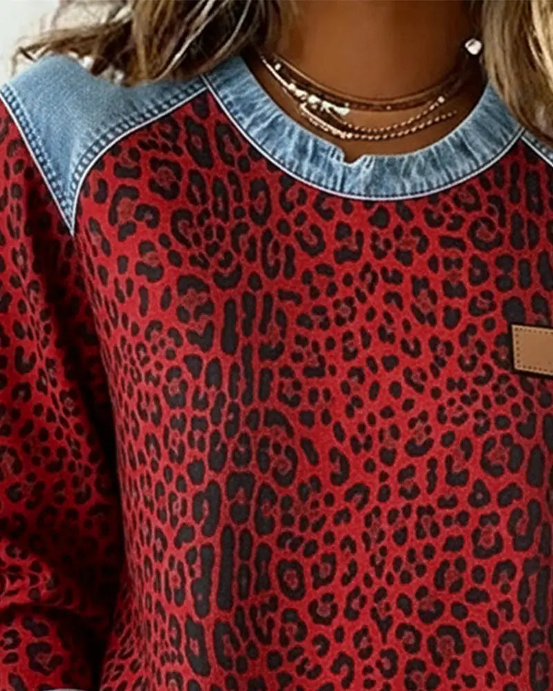 Women's Denim Patchwork Leopard Print Jumper