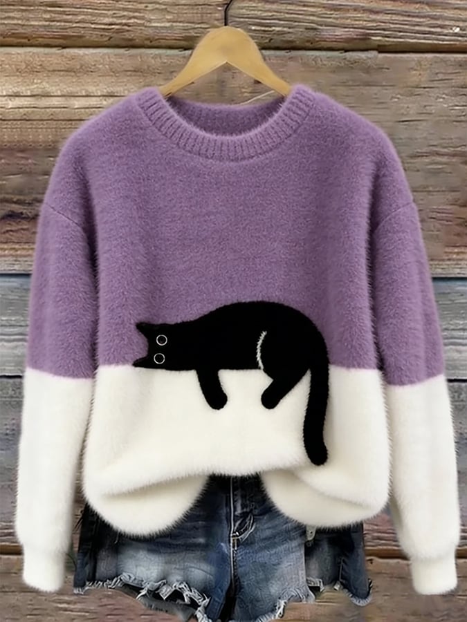 Casual Jumper with Cat Pattern for Women
