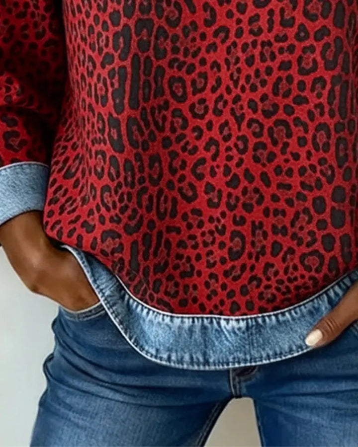 Women's Denim Patchwork Leopard Print Jumper