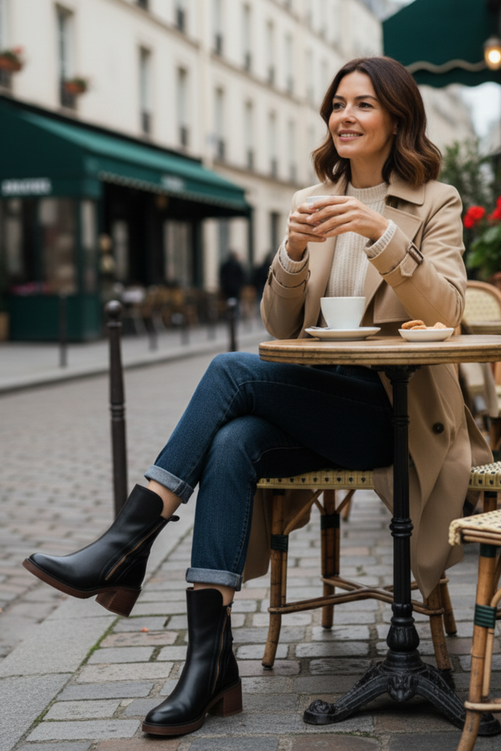 Valorine™ | Black leather boot with a comfortable heel, elegant and timeless.