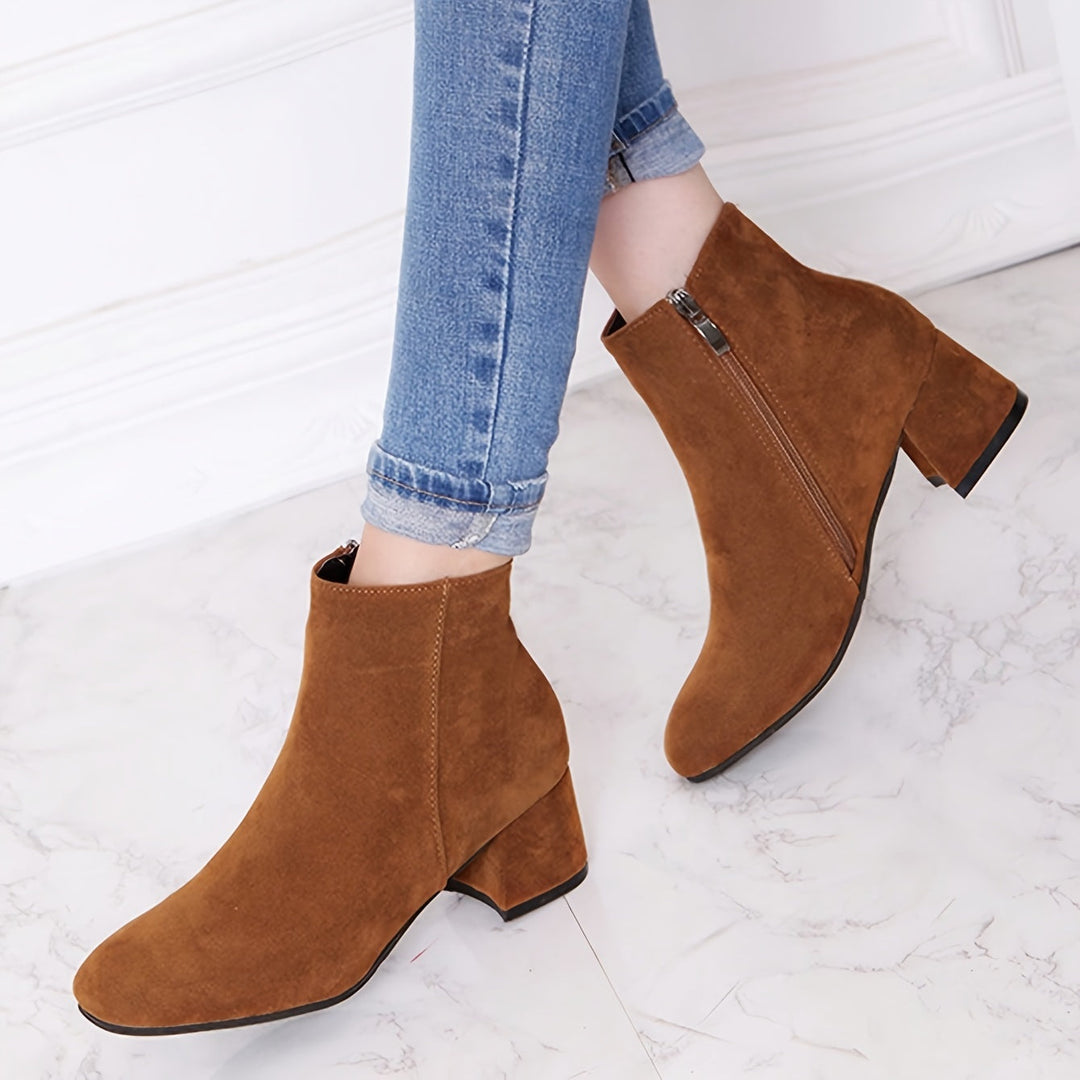 Women's Ankle Boots - Side Zipper and Block Heel