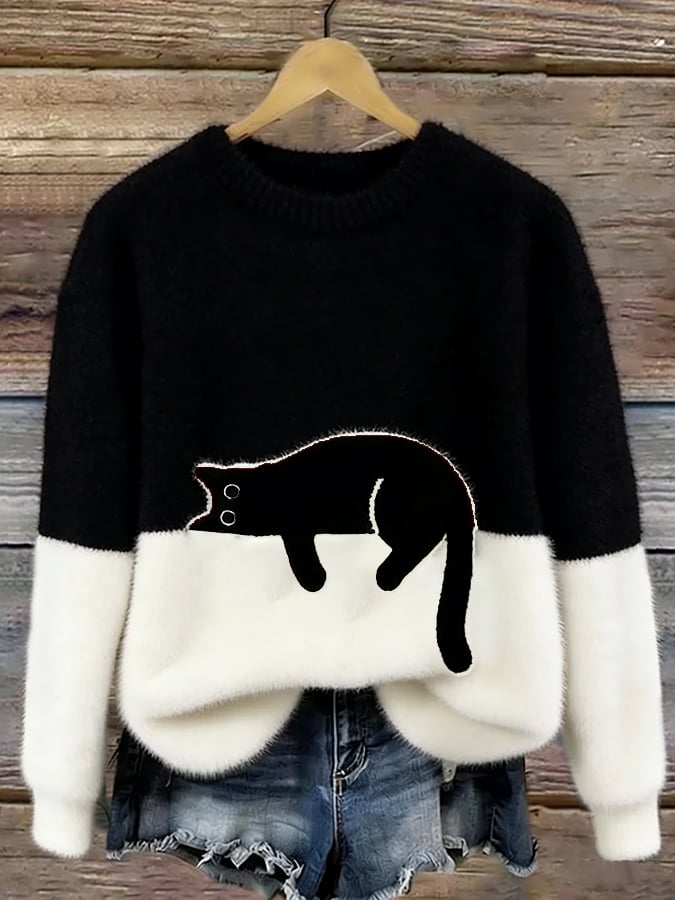 Casual Jumper with Cat Pattern for Women