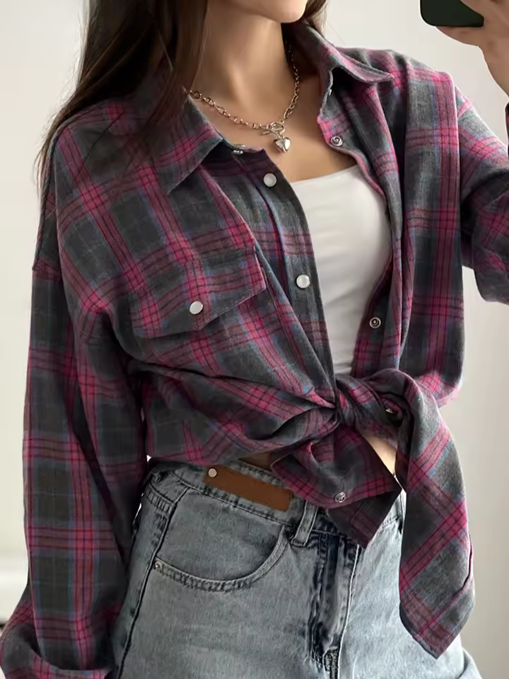 LEANDRA™|OVERSIZED VINTAGE CHECKED SHIRT