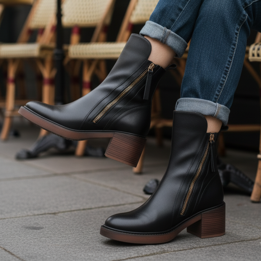 Valorine™ | Black leather boot with a comfortable heel, elegant and timeless.