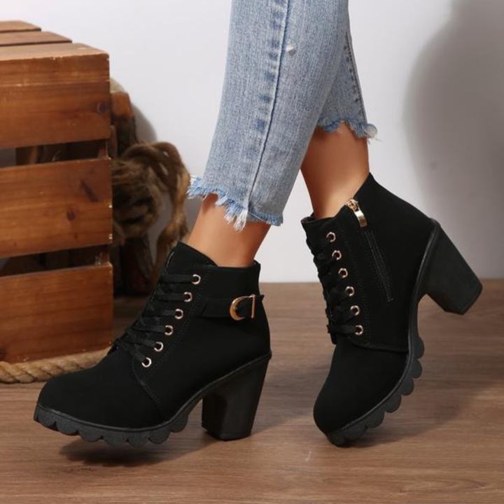 KATNI™ | Chic Lace-Up Metal Buckle Chunky Ankle Boots
