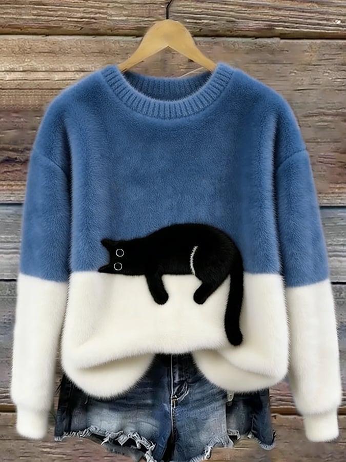Casual Jumper with Cat Pattern for Women