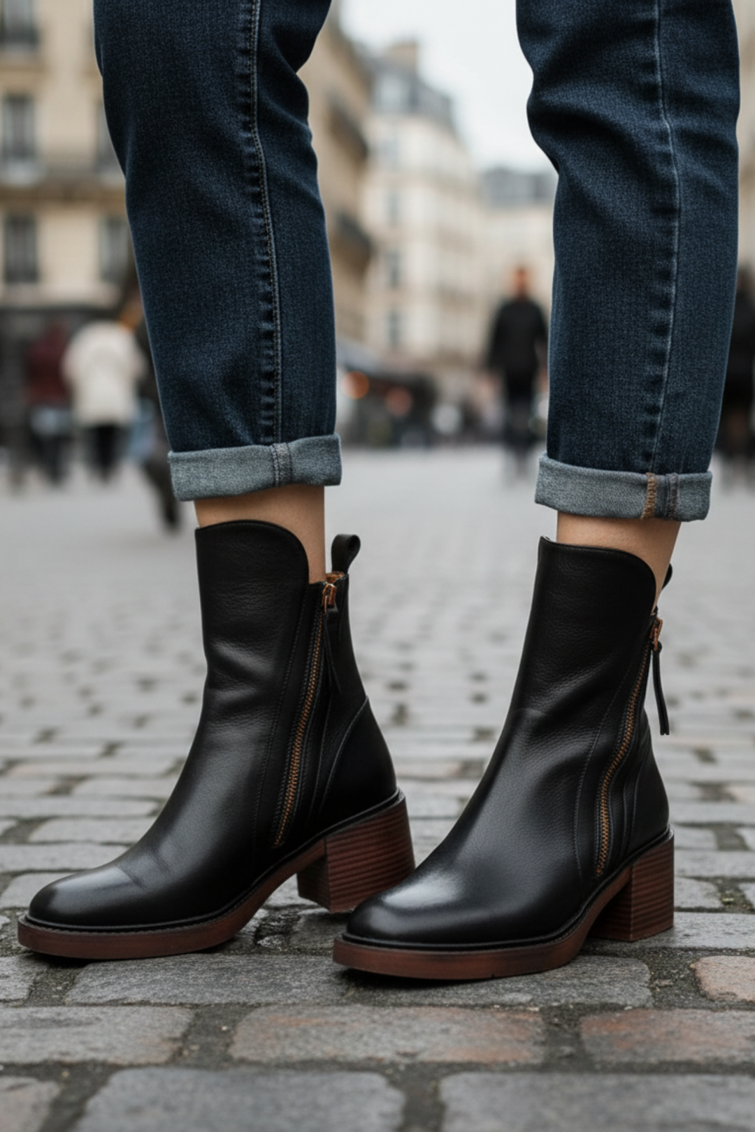 Valorine™ | Black leather boot with a comfortable heel, elegant and timeless.