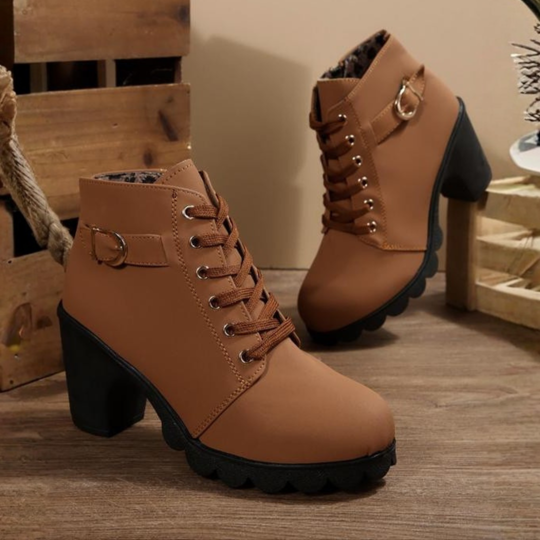 KATNI™ | Chic Lace-Up Metal Buckle Chunky Ankle Boots