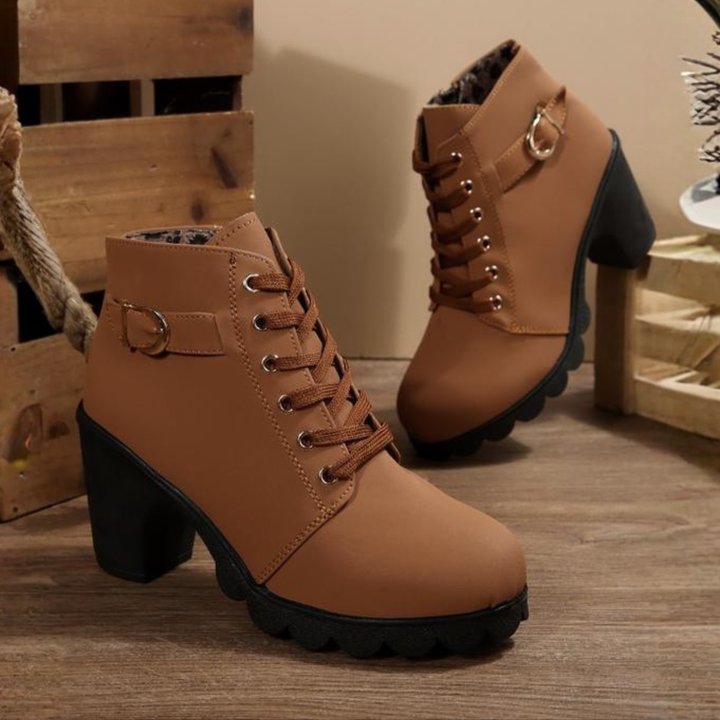KATNI™ | Chic Lace-Up Metal Buckle Chunky Ankle Boots