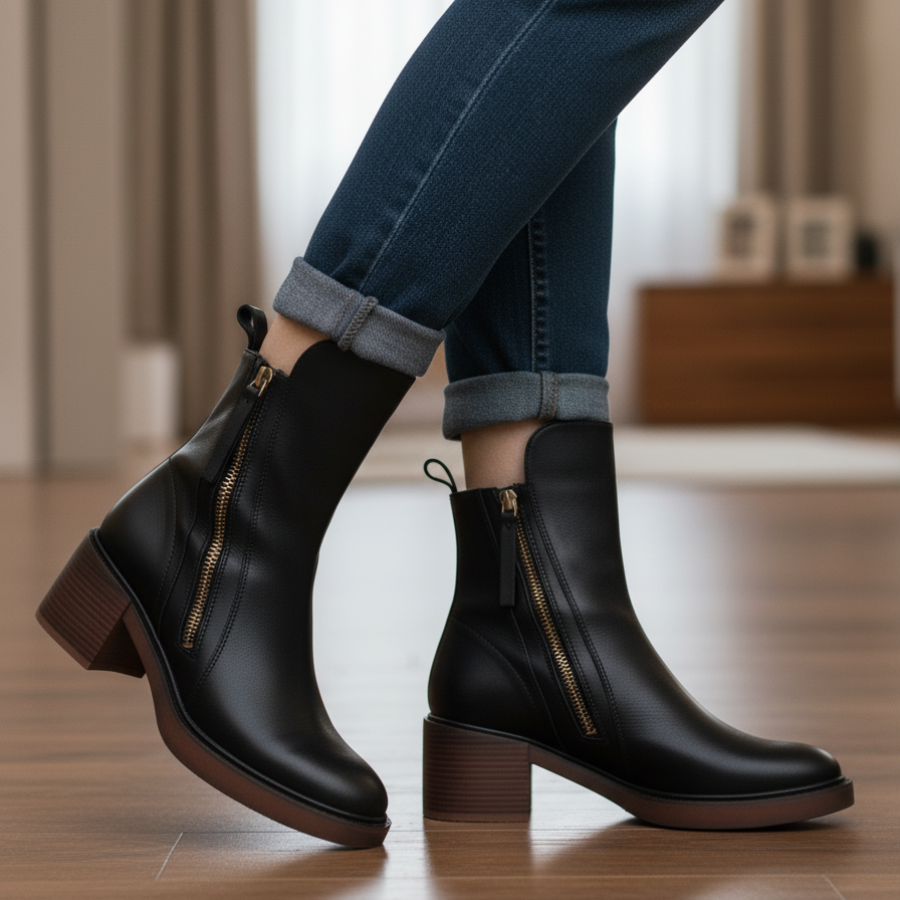 Valorine™ | Black leather boot with a comfortable heel, elegant and timeless.