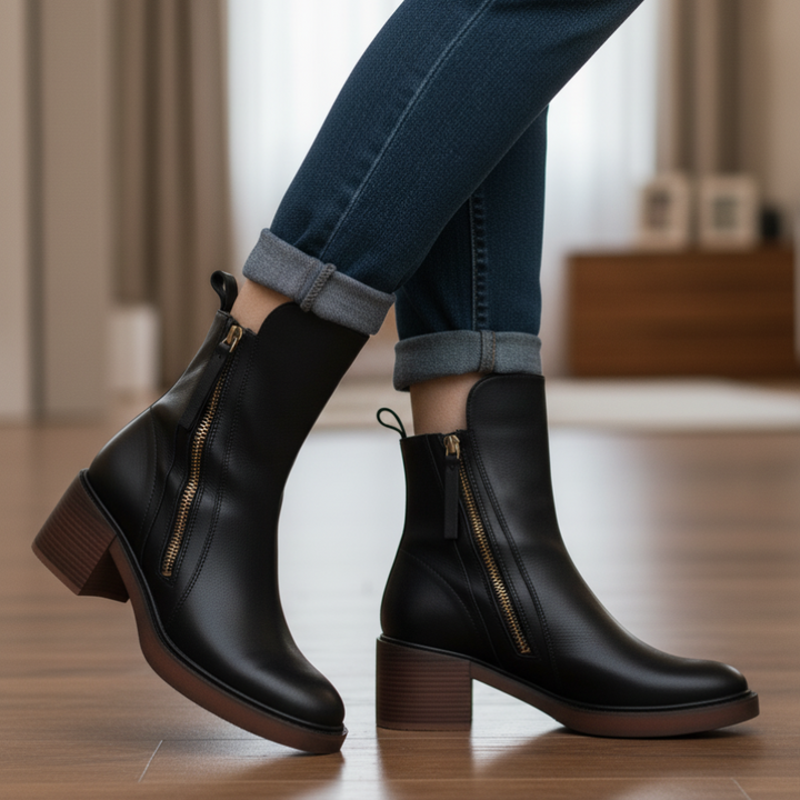 Valorine™ | Black leather boot with a comfortable heel, elegant and timeless.