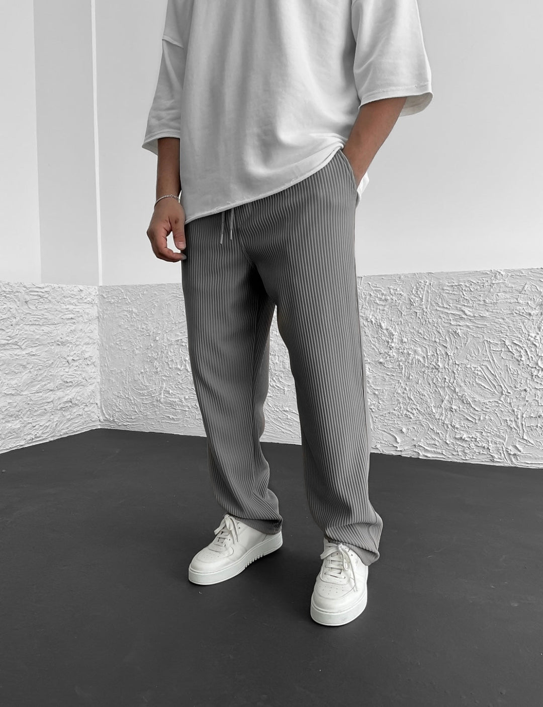 Ribbed Pants - Men's Loose Fit Drawstirng Stretch Baggy Pants