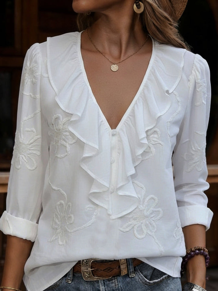 CELESTINE | VINTAGE FLORAL FRILL V-NECK SHIRT