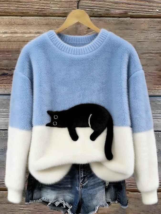 Casual Jumper with Cat Pattern for Women