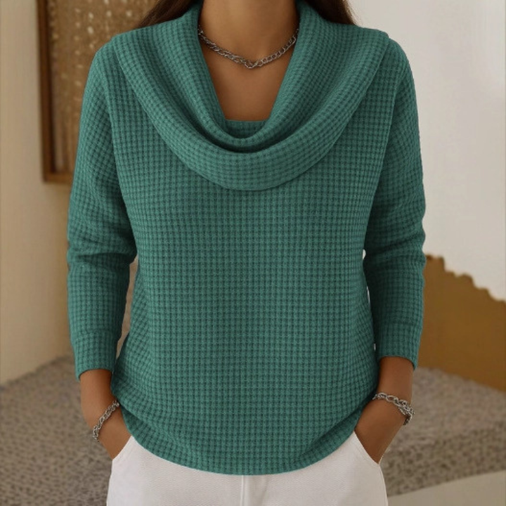 Amber™ – Warm Waffle Sweater with Elegant Cowl Neck