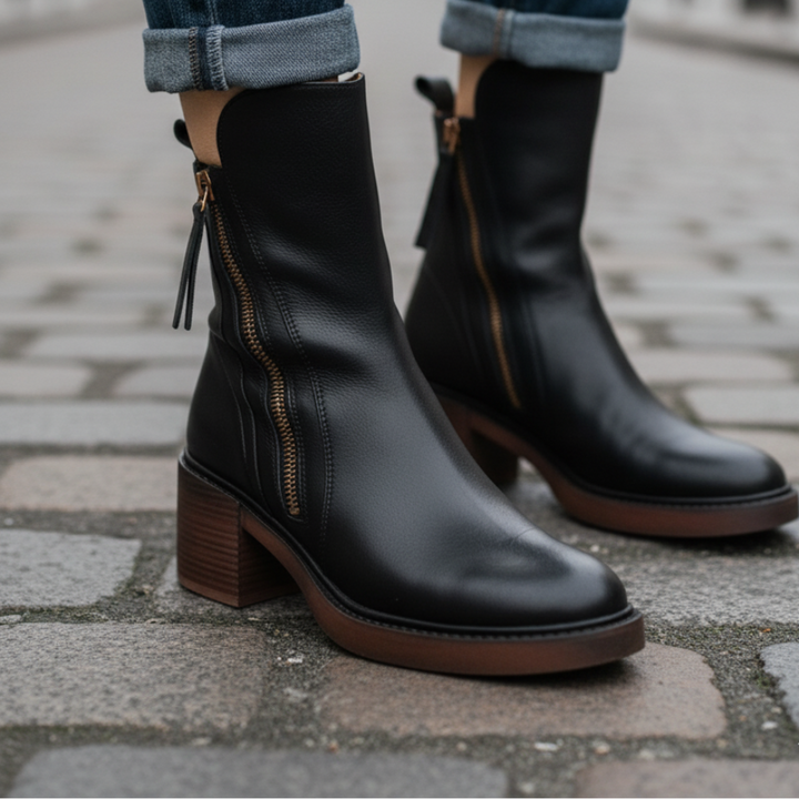 Valorine™ | Black leather boot with a comfortable heel, elegant and timeless.