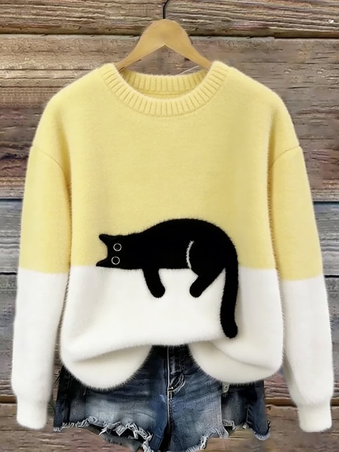 Casual Jumper with Cat Pattern for Women