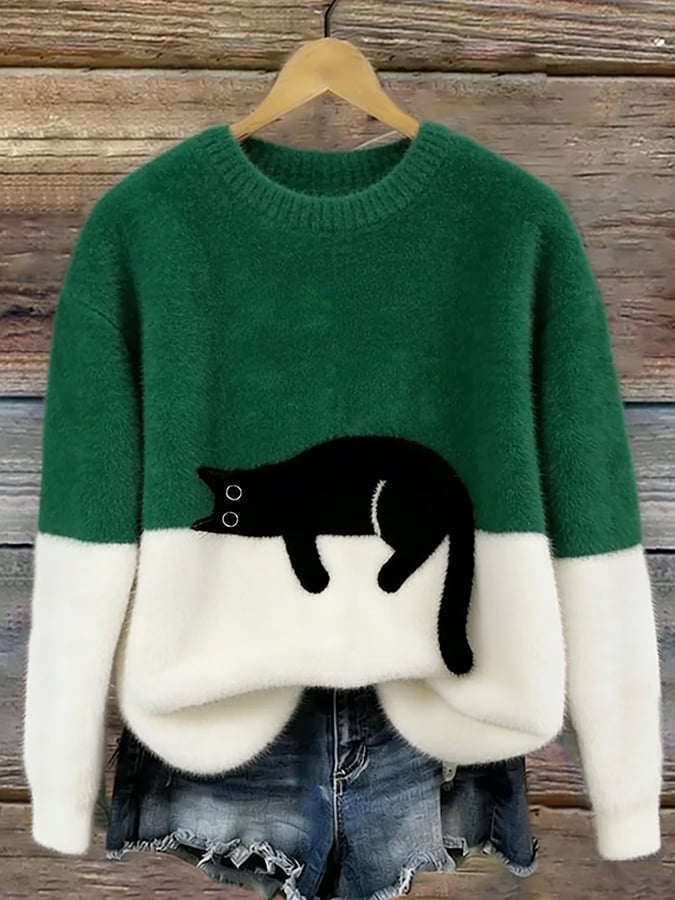 Casual Jumper with Cat Pattern for Women