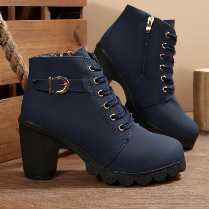 KATNI™ | Chic Lace-Up Metal Buckle Chunky Ankle Boots
