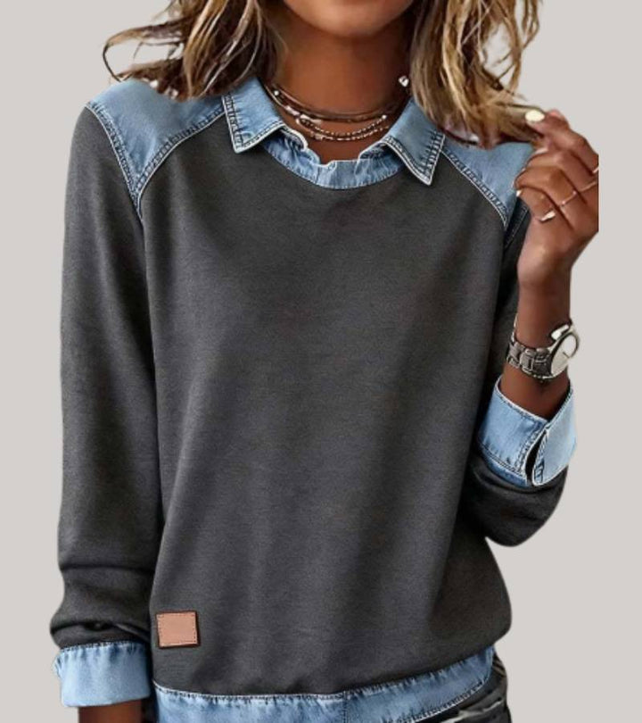 Silvia | Elegant bimaterial sweater with denim details