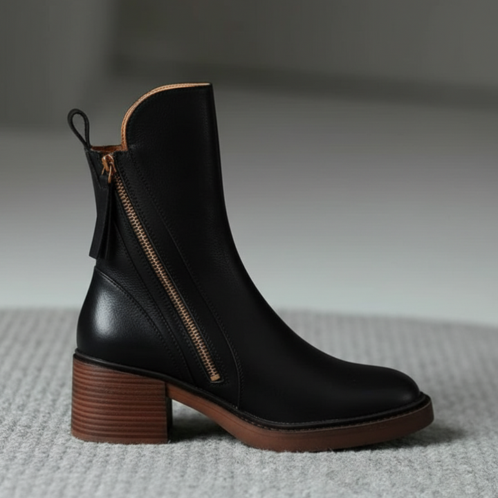 Valorine™ | Black leather boot with a comfortable heel, elegant and timeless.