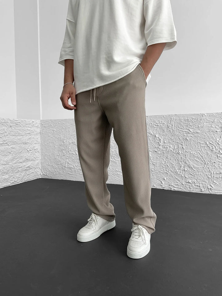 Ribbed Pants - Men's Loose Fit Drawstirng Stretch Baggy Pants
