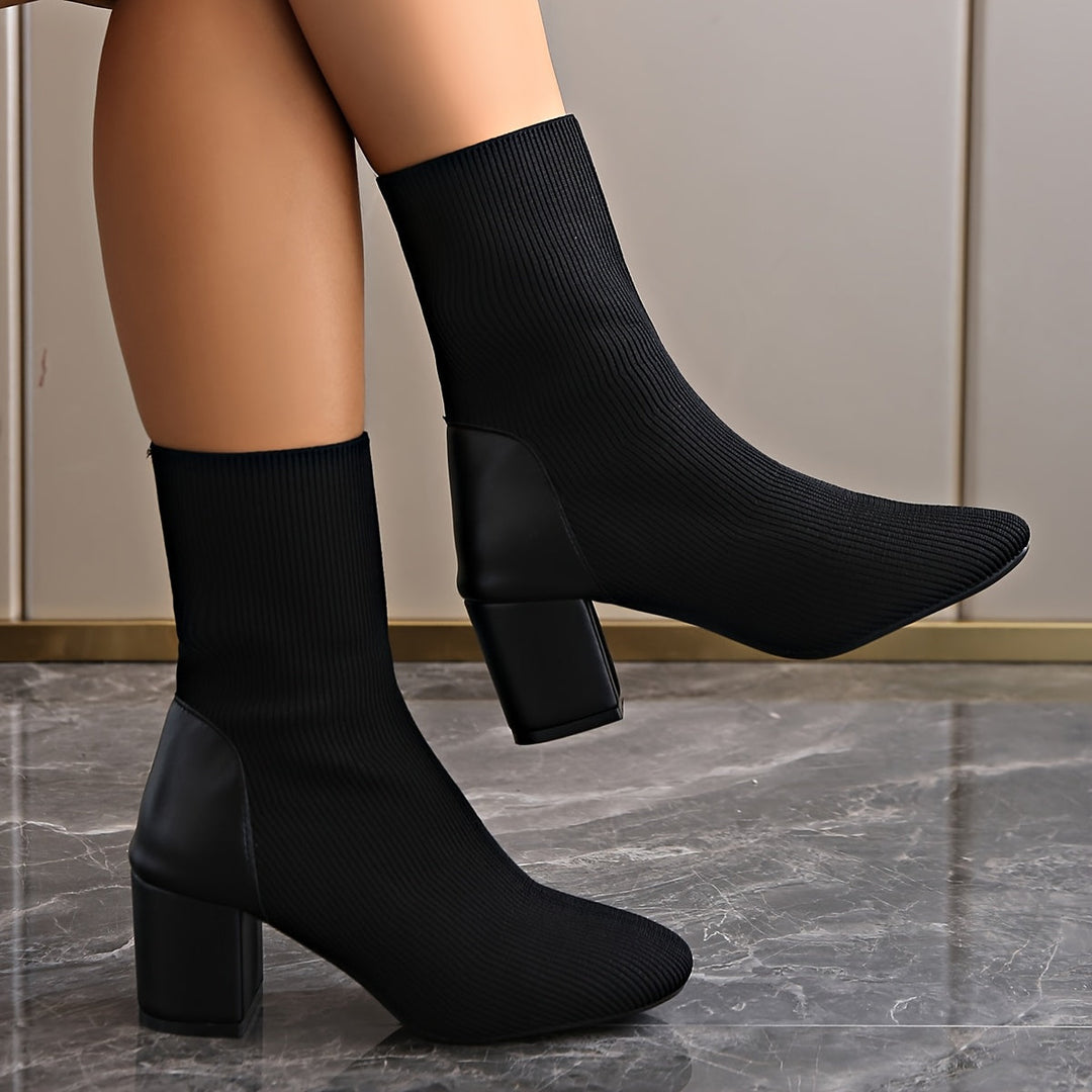 Women's Black Ankle Boots - Knitted with Chunky Heel