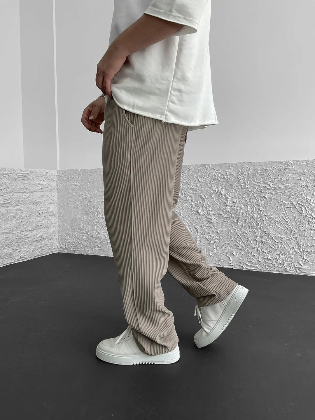 Ribbed Pants - Men's Loose Fit Drawstirng Stretch Baggy Pants