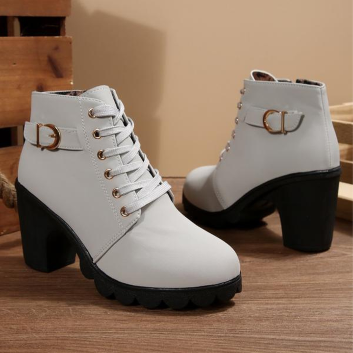 KATNI™ | Chic Lace-Up Metal Buckle Chunky Ankle Boots