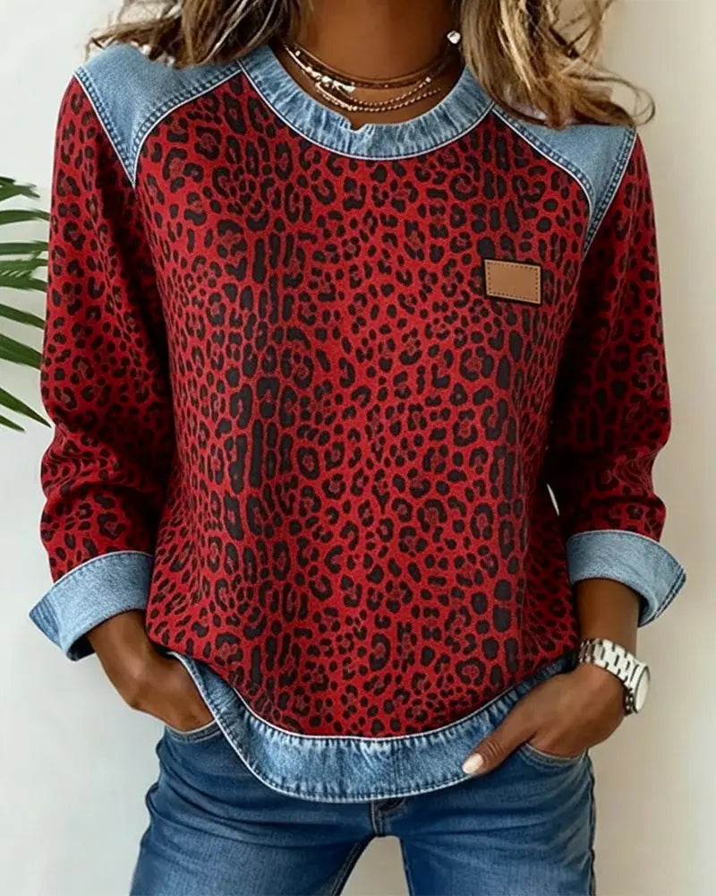 Women's Denim Patchwork Leopard Print Jumper