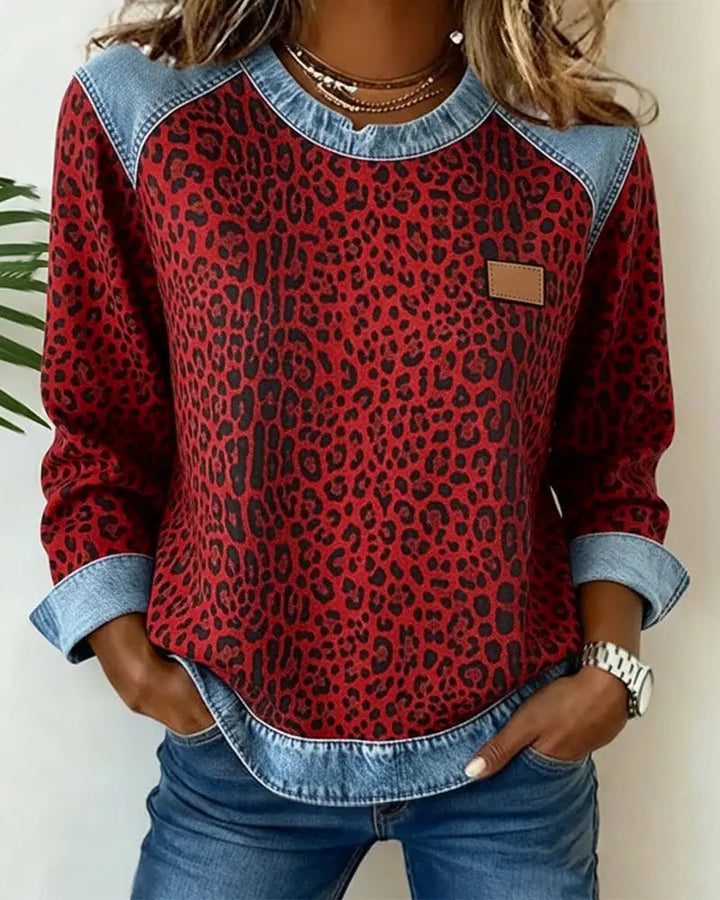 Women's Leopard Print Denim Patchwork Jumper