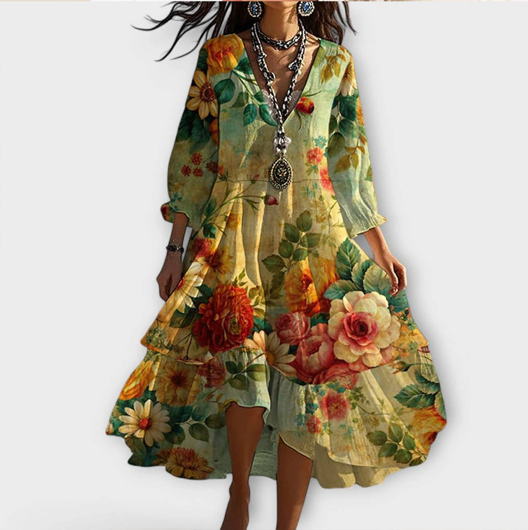 Marina – Vintage Boho Floral Maxi Dress with V-Neck
