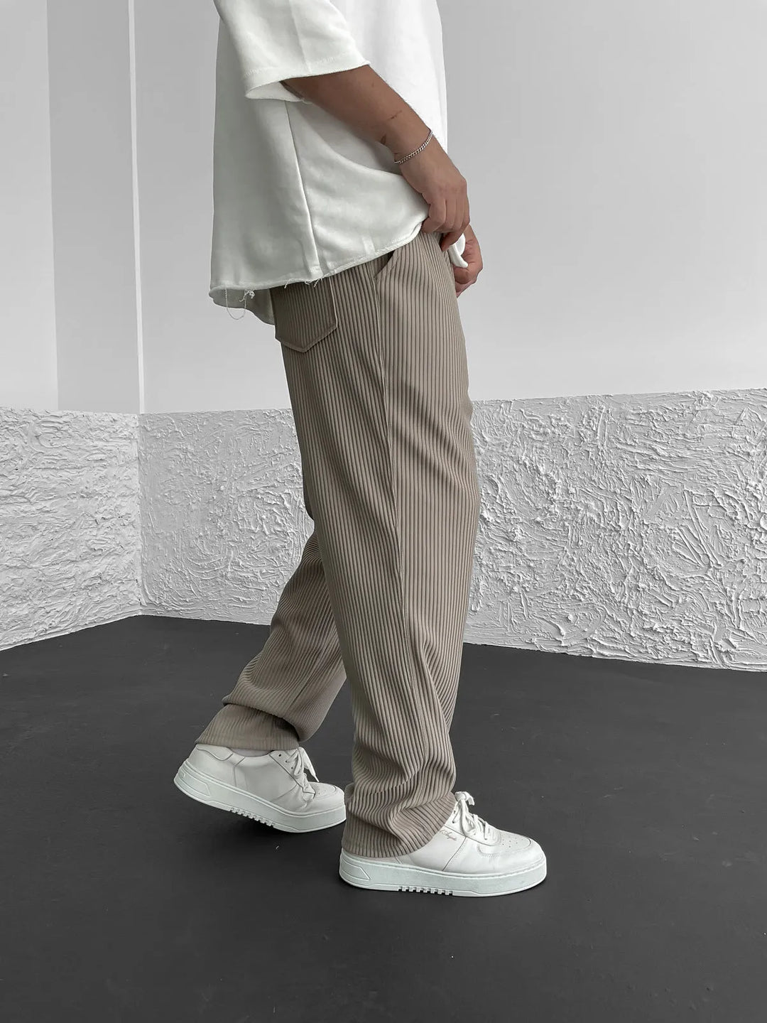 Ribbed Pants - Men's Loose Fit Drawstirng Stretch Baggy Pants