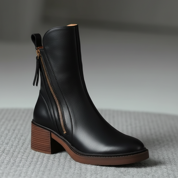 Valorine™ | Black leather boot with a comfortable heel, elegant and timeless.