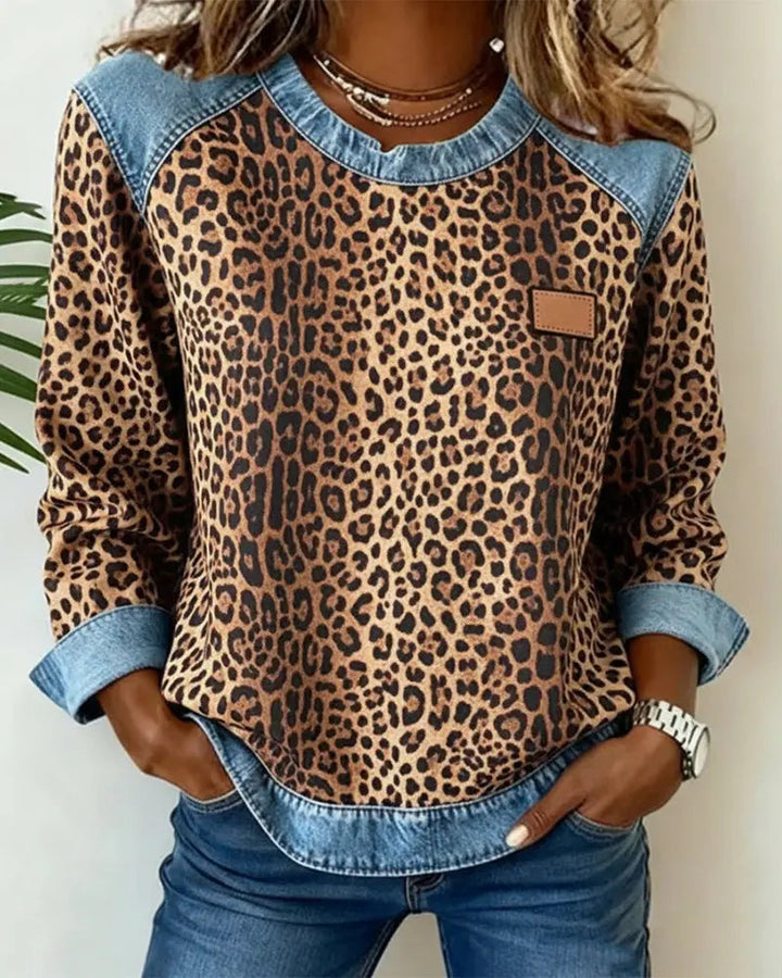 Women's Denim Patchwork Leopard Print Jumper