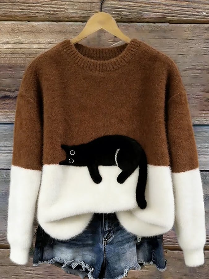 Casual Jumper with Cat Pattern for Women