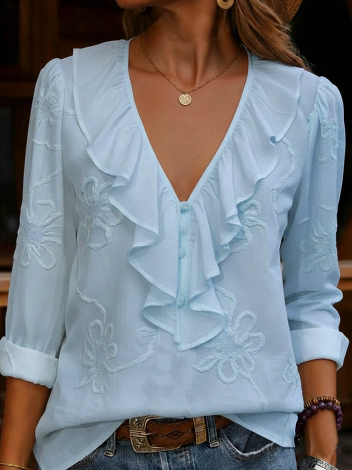 CELESTINE | VINTAGE FLORAL FRILL V-NECK SHIRT