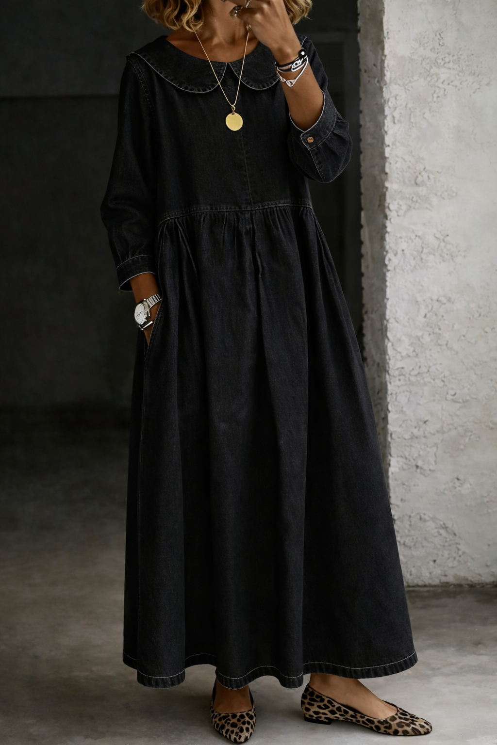 Clara Denim Dress with Peter Pan Collar