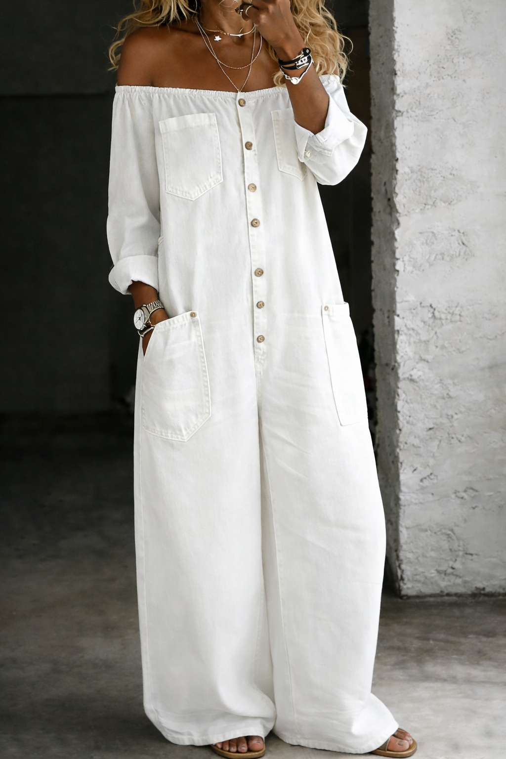 Elena | Long Sleeve Jumpsuit with Off-the-Shoulder Design
