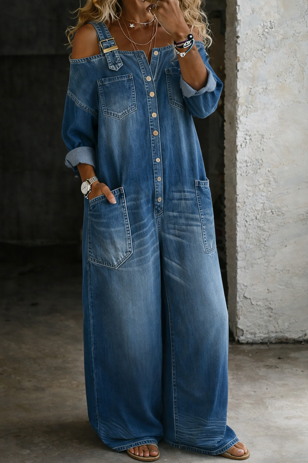 Stephanie | Denim Shirt Jumpsuit with Exposed Shoulders