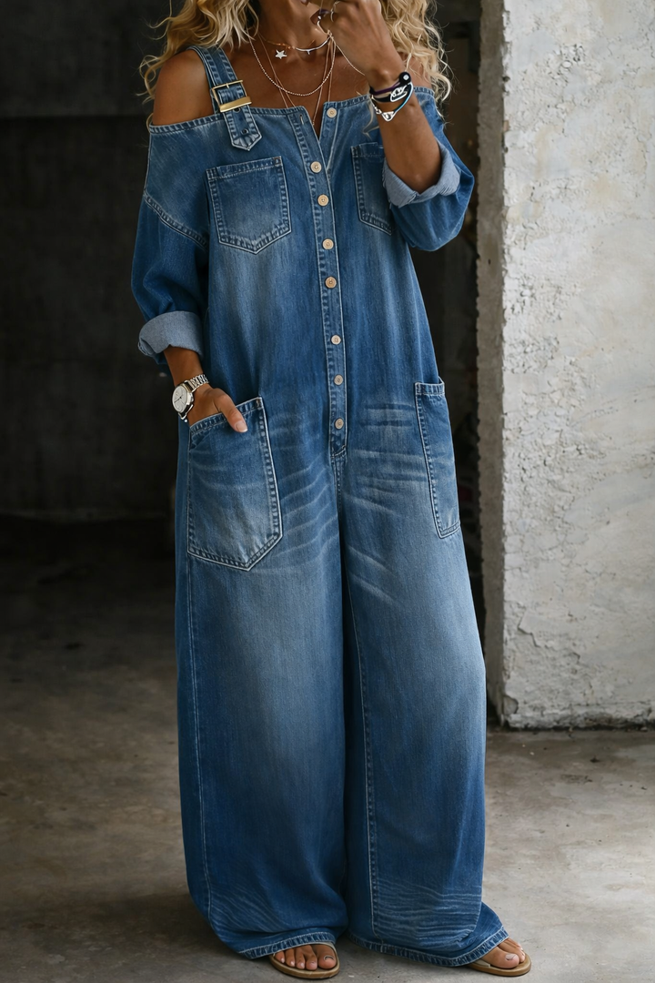 Stephanie | Denim Shirt Jumpsuit with Exposed Shoulders