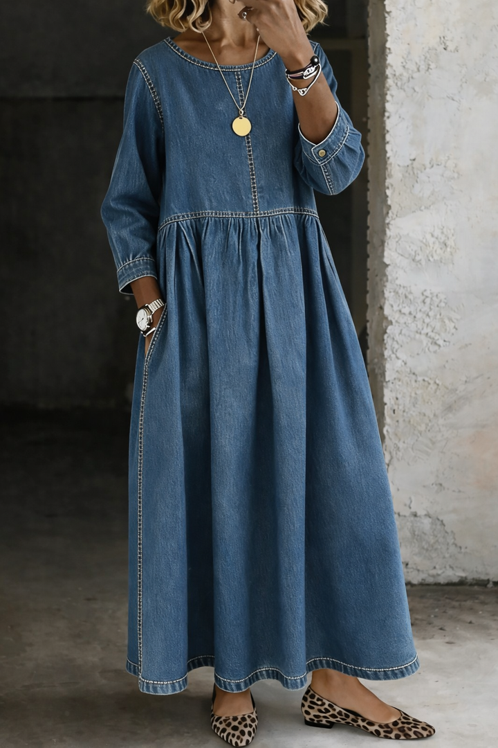 Melissa | Denim Dress with Round Neck and Long Sleeves