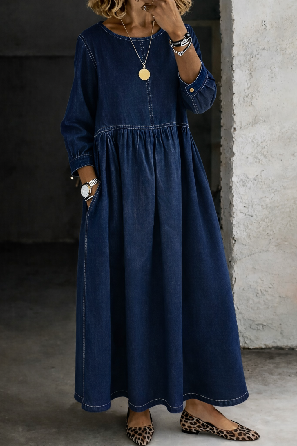 Melissa | Denim Dress with Round Neck and Long Sleeves